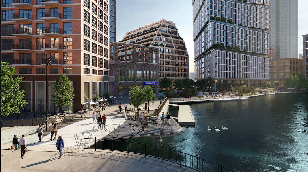CGI of the new Albion Bridge in context on the dock