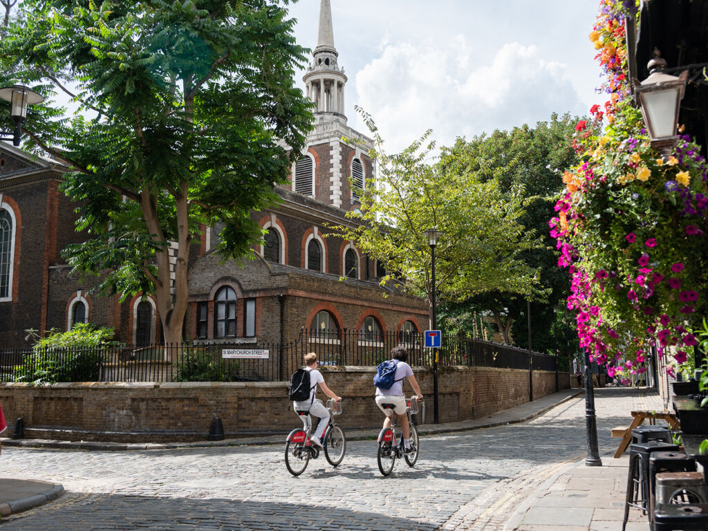 Cycling on cobbled streets Canada Water