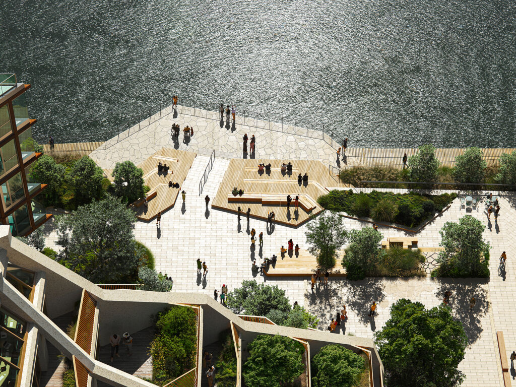 Dockside Canada Water dock edge and Two Dockside terraces CGI
