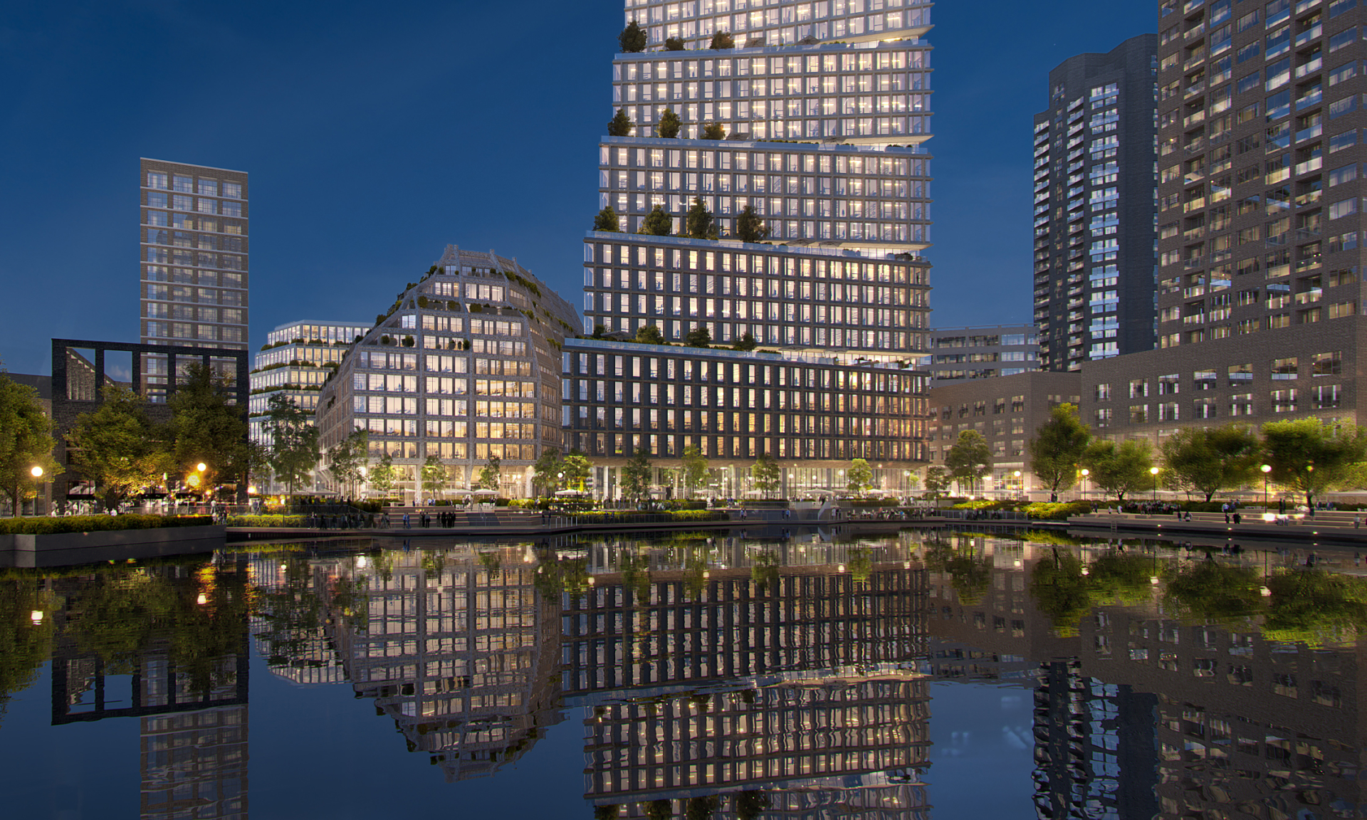 Dockside Canada Water across the dock by night CGI