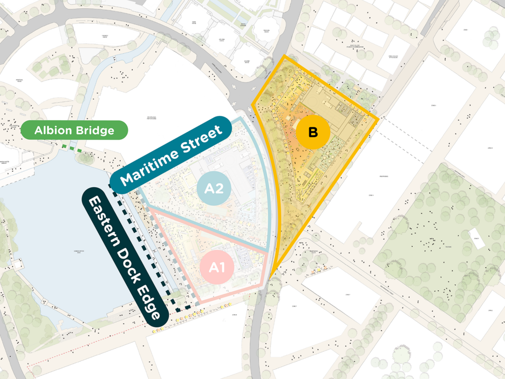 Dockside Canada Water map with Plot B and Albion Bridge