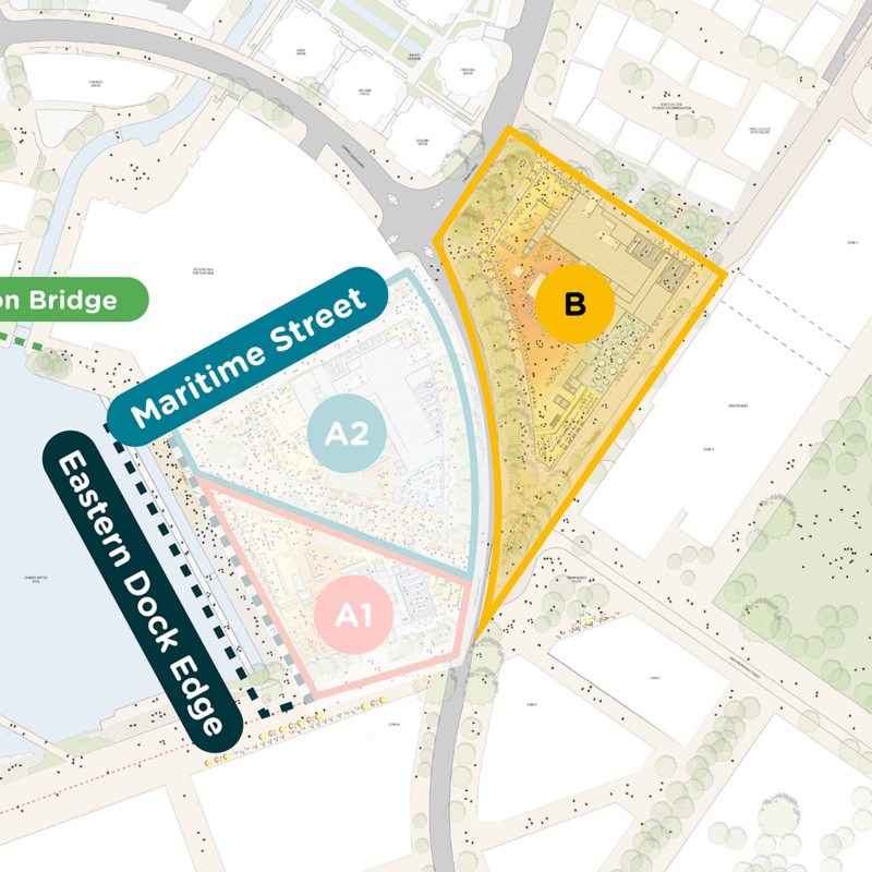 Dockside Canada Water map with Plot B and Albion Bridge